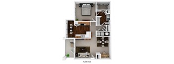 A floor plan of a small apartment with a kitchen, living room, and bedroom.