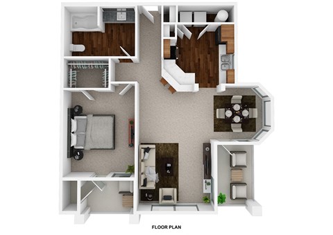 a stylized floor plan with a bedroom and a living room