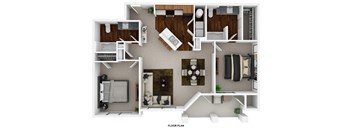 A floor plan of a house with a kitchen, living room, dining room, and bathroom.