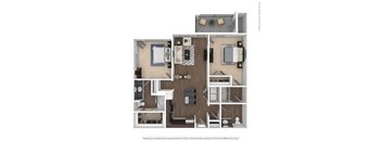 A floor plan of a small apartment with a kitchen, living room, and bedrooms.