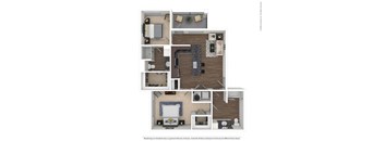 A floor plan of a small apartment with a kitchen, living room, and bedroom.