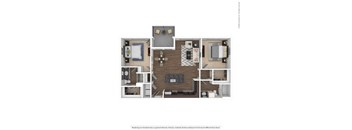 A floor plan of a small apartment with a kitchen, living room, and two bedrooms.