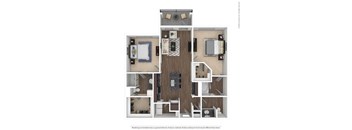 A floor plan of a small apartment with a kitchen, living room, and two bedrooms.