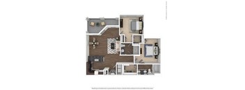 A floor plan of a two-bedroom apartment with a living room, kitchen, and bathroom.