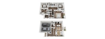 A floor plan of a two-story house with a garage and a living room on the first floor and a bedroom with a balcony on the second floor.