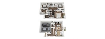 A floor plan of a two-story house with a garage and a living room on the first floor and a bedroom with a balcony on the second floor.