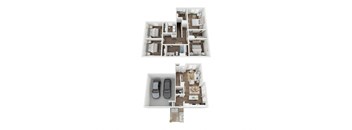 A top-down view of a house with two floors, a garage, and a living area.