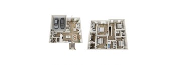 Two floor plan images of a house with two bedrooms, two bathrooms, a living room, a kitchen, and a dining area.