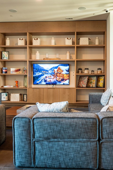 A living room with a grey couch and a wooden entertainment unit.