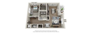 A 3D floor plan of a small apartment with a kitchen, living room, and bedroom.