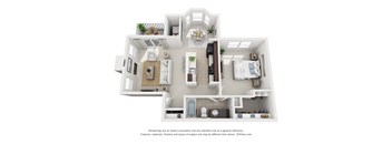 A 3D floor plan of a house with a kitchen, living room, and bathroom.