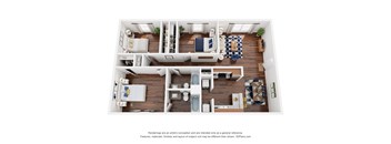 A 3D floor plan of a house with labeled rooms.
