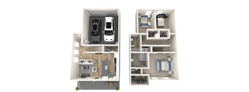 a rendering of the interior of a 3d floor plan with a car and a