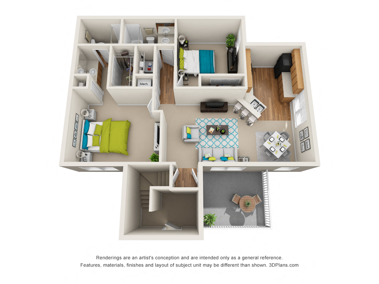 A 3D floor plan of a small apartment with a kitchen, living room, and bedroom.