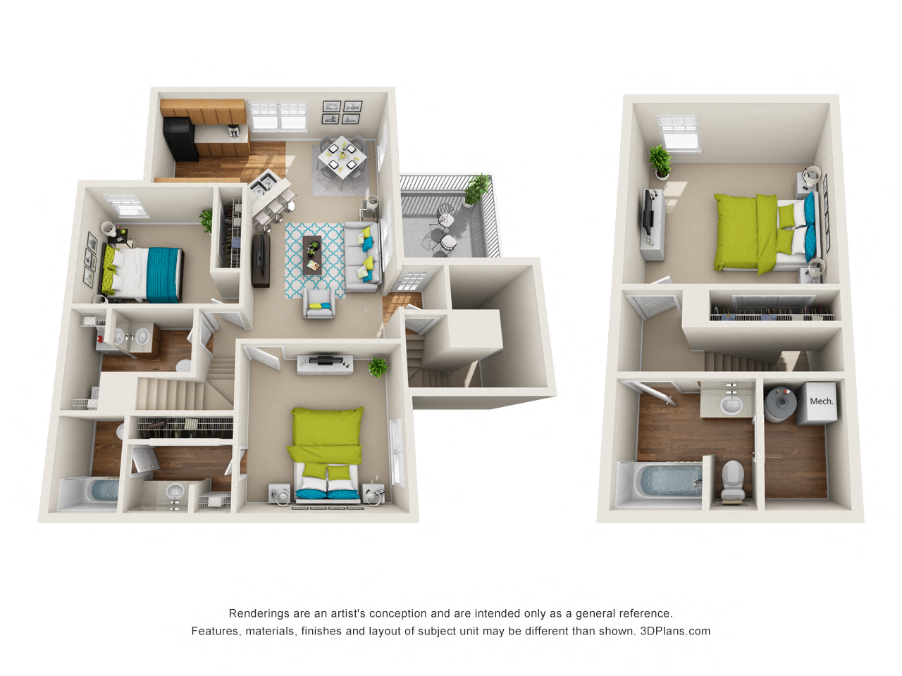 A 3D floor plan of a two-bedroom apartment with a living room, kitchen, and bathroom.
