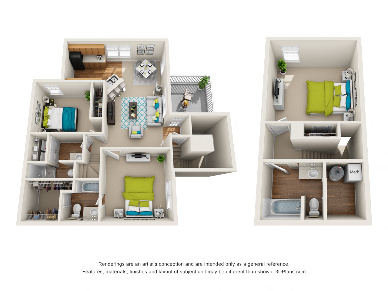 A 3D floor plan of a small apartment with two bedrooms and a living room.