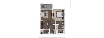 A floor plan of a small apartment with a bedroom, living room, and bathroom.