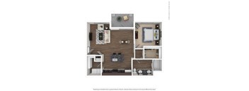 A top-down view of a room with a bed, a couch, a desk, and a chair.