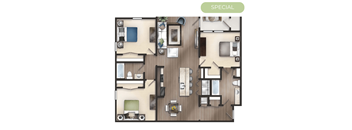 a 3d floor plan of a house with a bedroom and a living room