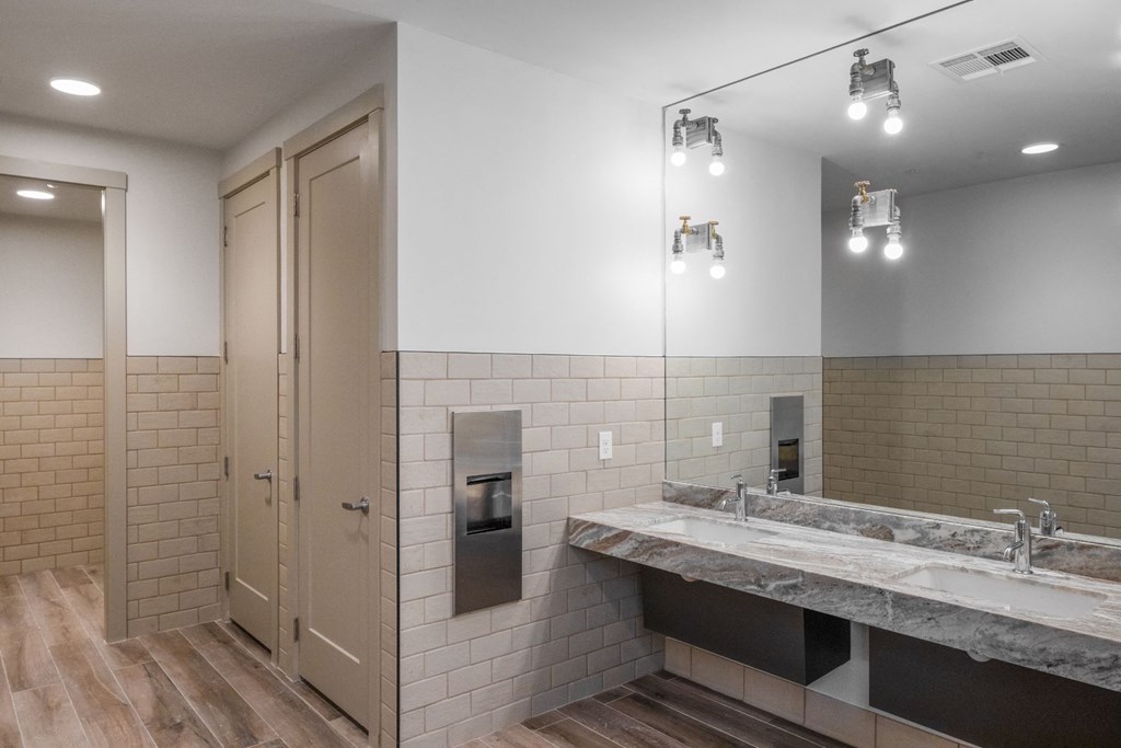 a bathroom with a sink and a mirror and a shower