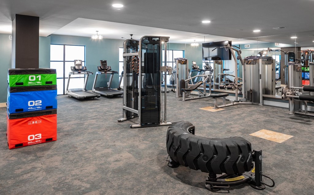 a gym with cardio equipment and weights in a building