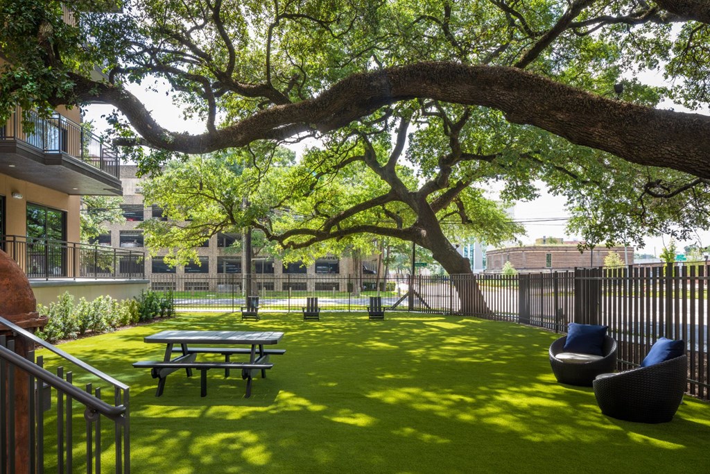 a courtyard with a picnic table and a bench under a tree