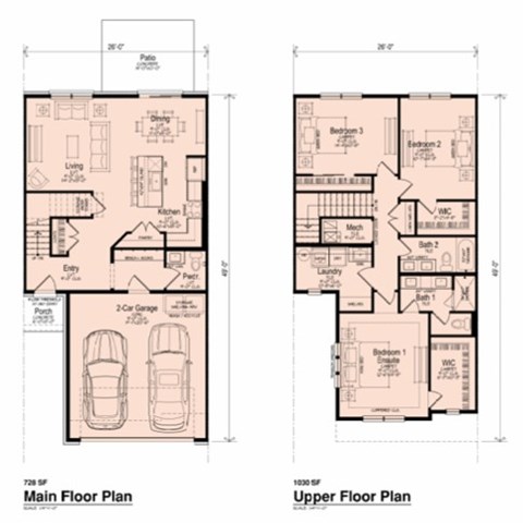 A floor plan of a house with a garage and two bedrooms.