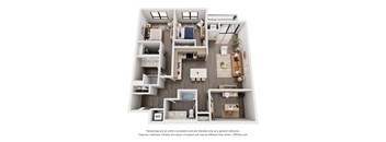 A 3D floor plan of a small apartment with a kitchen, living room, and bathroom.