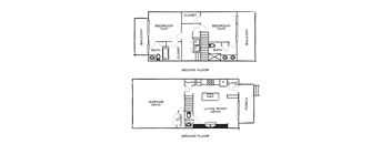 A floor plan of a two-story house with two bedrooms and a garage.