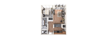 A top-down view of a small apartment with a kitchen, living room, and bedroom.