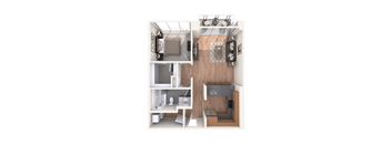 A 3D rendered image of a small apartment layout.