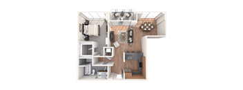 A top down view of a small apartment with a kitchen, living room and bathroom.
