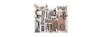 A 3D rendered image of a small apartment layout.