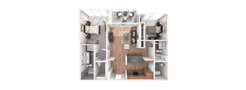 A 3D floor plan of a small apartment with a kitchen, living room, and bathroom.
