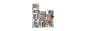 A 3D rendered image of a small apartment layout.