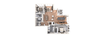 A 3D rendered image of a house layout.
