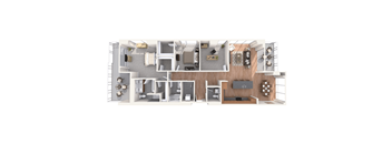 A floor plan of a house with a kitchen, living room, and two bedrooms.