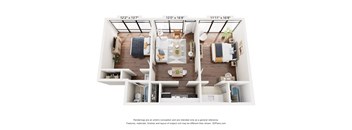 a 2 bedroom floor plan with a bathroom and a living room
