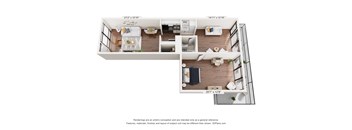 a stylized floor plan with a bedroom and a living room