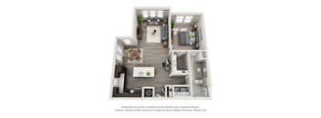 A 3D floor plan of a house with a kitchen, living room, and two bedrooms.