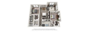 A 3D floor plan of a house with a kitchen, living room, and bathrooms.