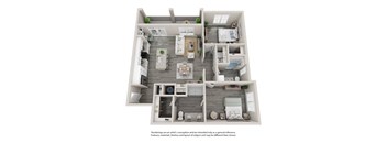 A 3D floor plan of a house with a kitchen, living room, and bedrooms.