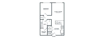 A black and white image of a floor plan for a small apartment.