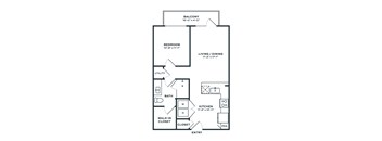 A black and white image of a floor plan for a one bedroom apartment.