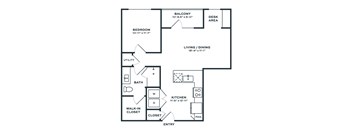 A black and white image of a floor plan for a home with a balcony, bedroom, living/dining area, kitchen, and bathroom.