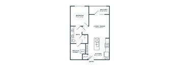 A floor plan of a small apartment with a bedroom, bathroom, kitchen, and living area.