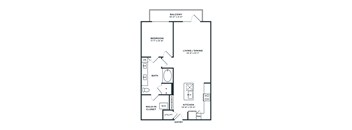 A floor plan of a small apartment with a bedroom, bathroom, kitchen, and living room.