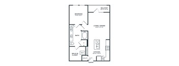 A floor plan of a small apartment with a bedroom, living/dining area, kitchen, and bathroom.