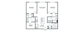 A black and white image of a floor plan for a two bedroom apartment.