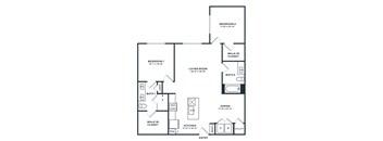 A black and white image of a floor plan for a two bedroom apartment.